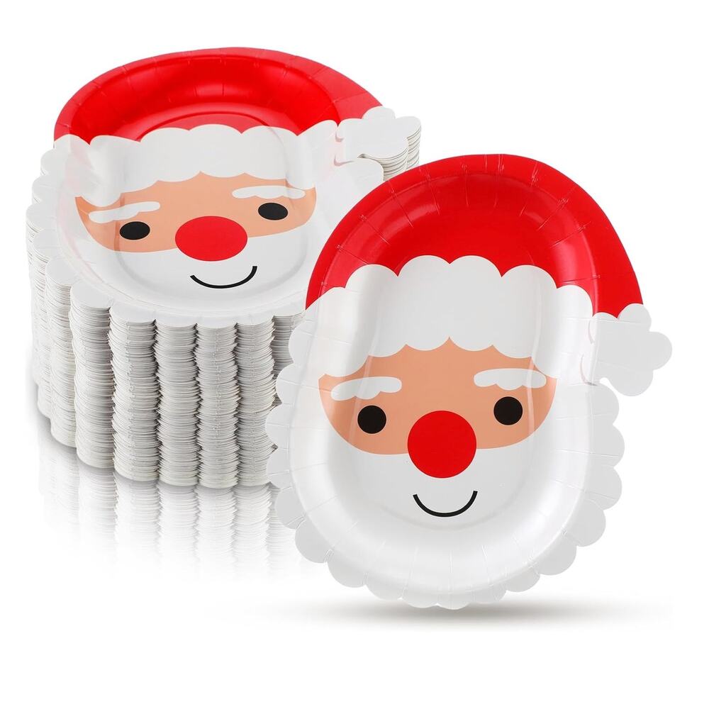 50 Pcs, Christmas Holiday Disposable Santa Paper Plates, Party Tableware